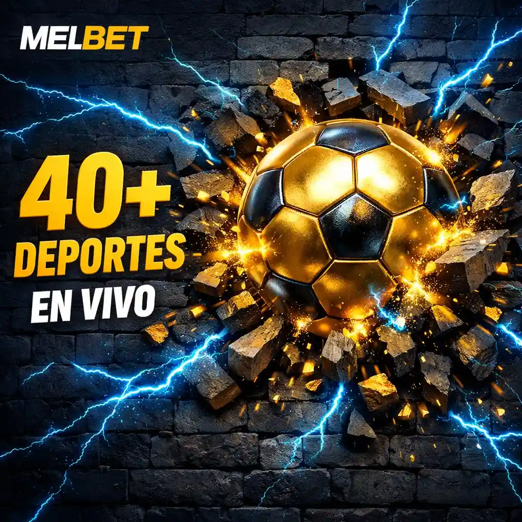 Balón fútbol dorado rompiendo pared ladrillos fondo oscuro azul Melbet