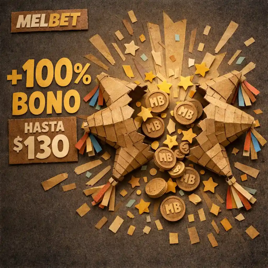 Piñata dorada rota monedas estrellas cayendo fondo oscuro Melbet