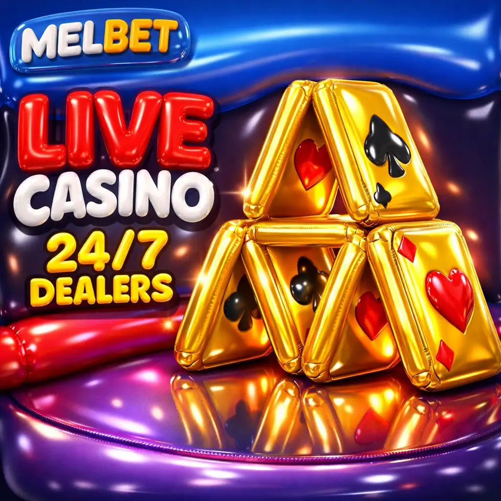 Golden card house tower glowing dark purple background Melbet