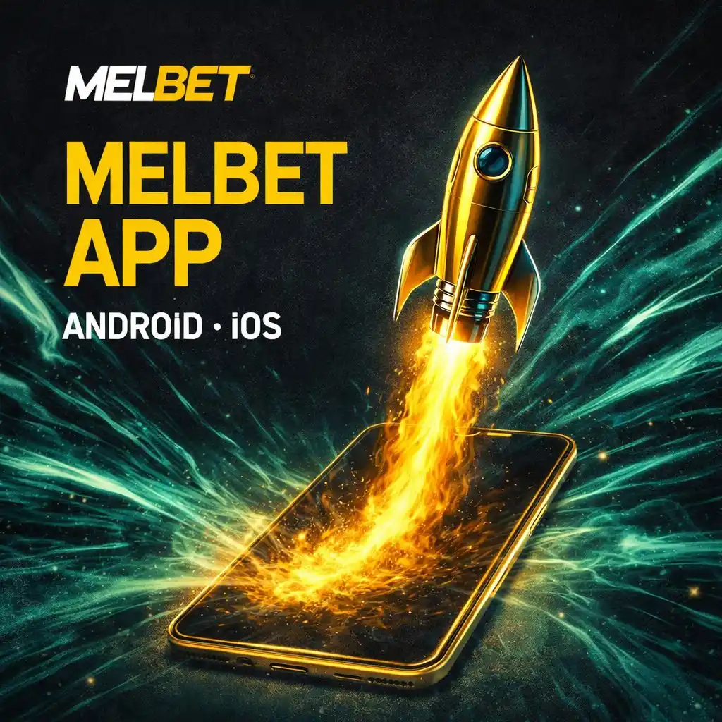 Golden rocket launching from phone screen dark green background Melbet