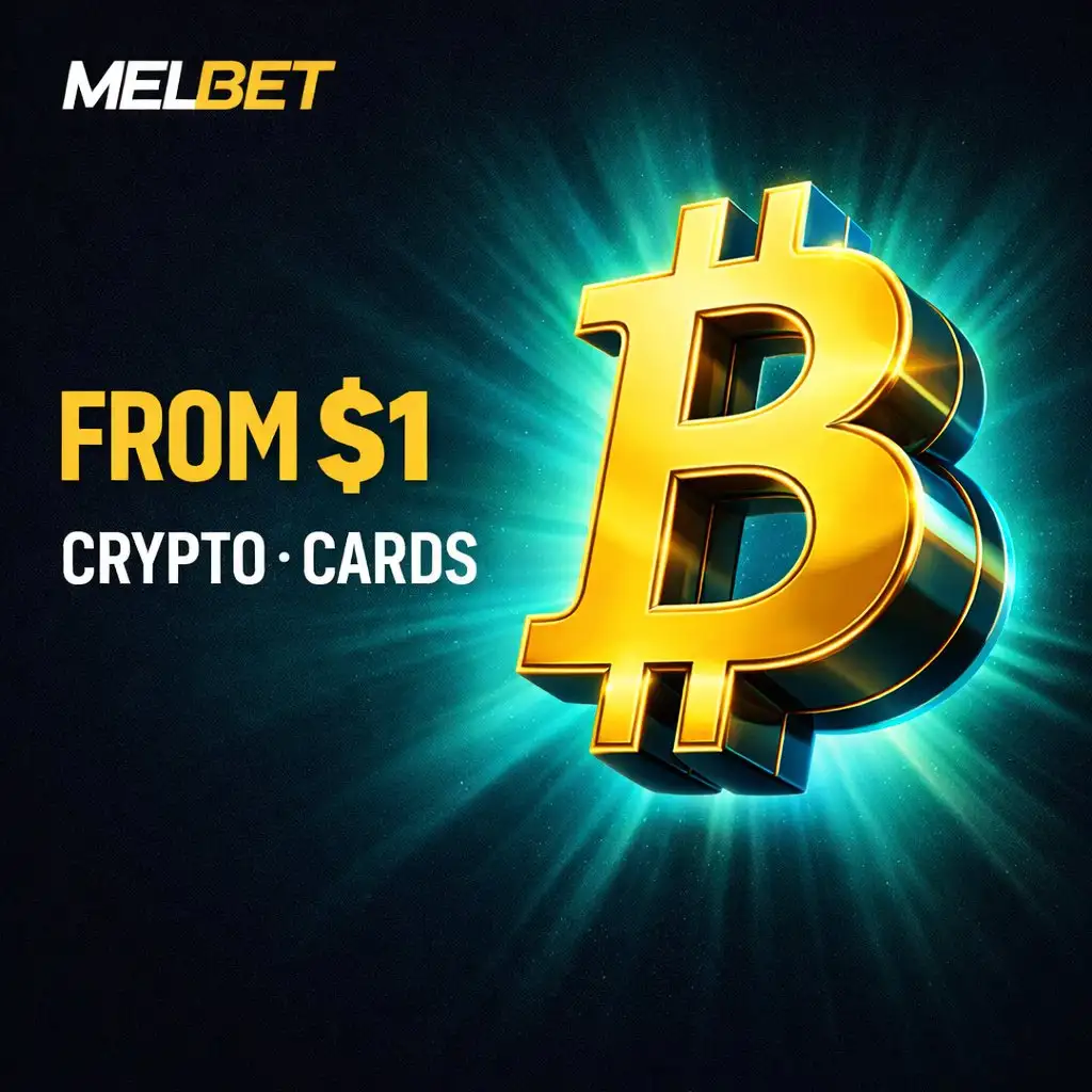 Large golden Bitcoin symbol rotating dark teal background Melbet