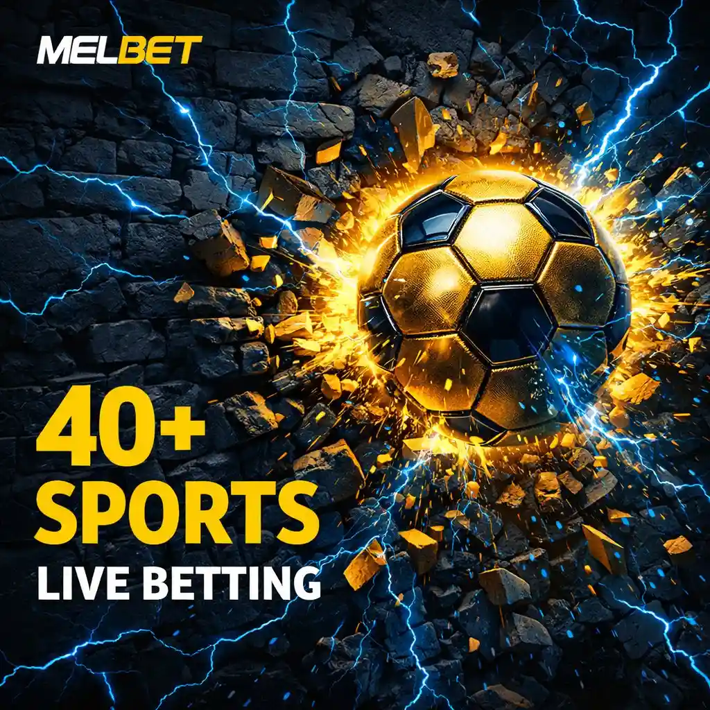 Golden football smashing brick wall dark blue background Melbet