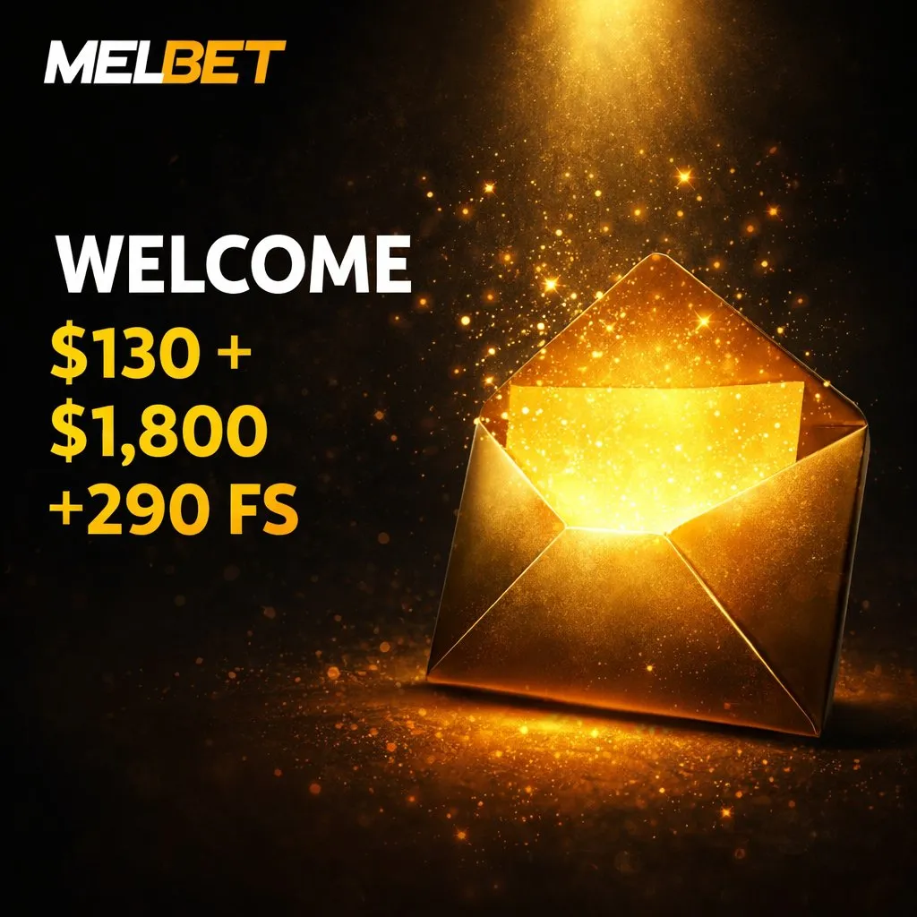 Golden envelope open glowing light inside dark background Melbet