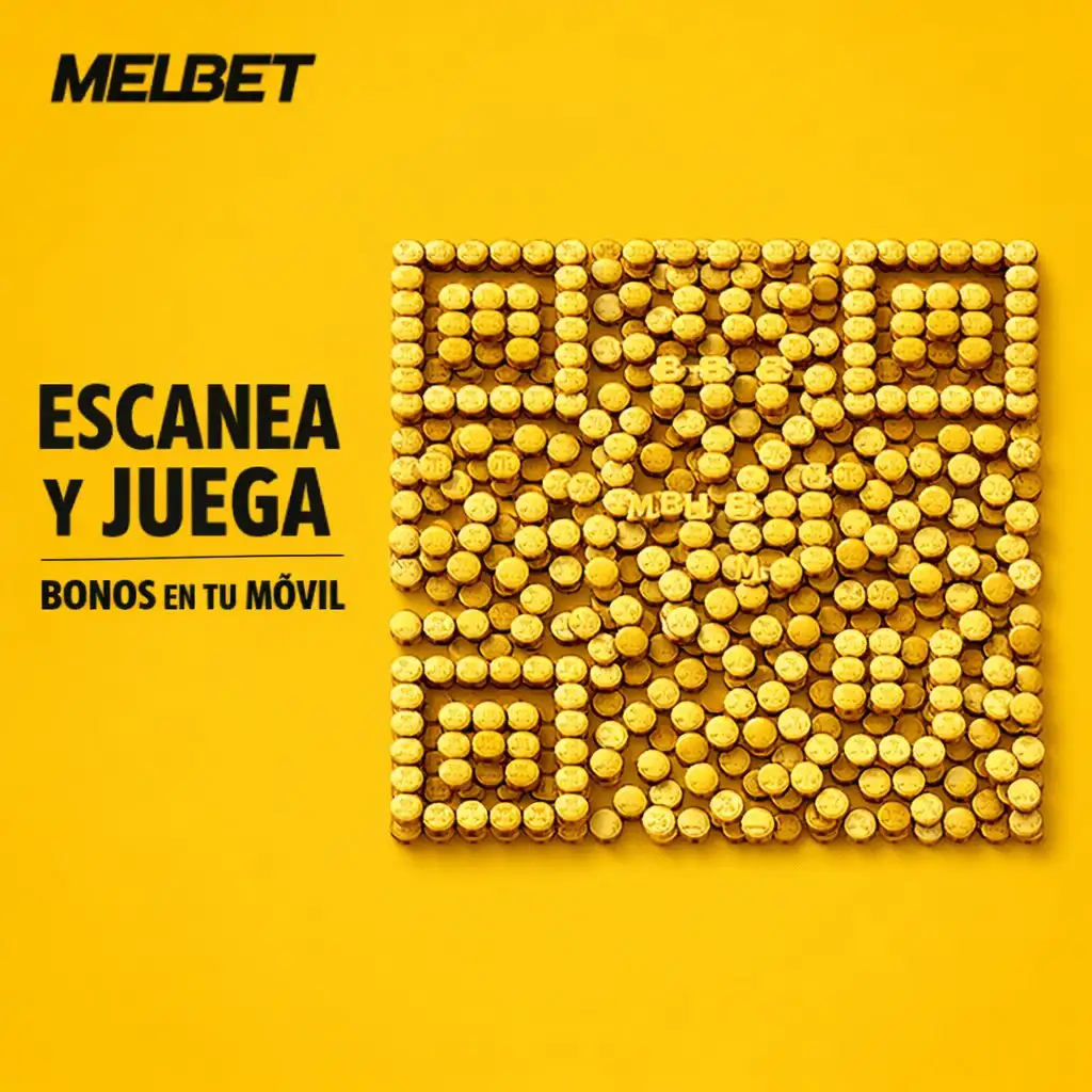 Código QR dorado hecho de monedas pequeñas fondo amarillo Melbet